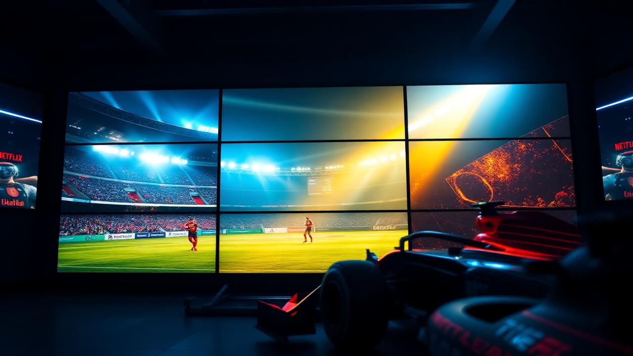 4K IPTV sports streaming experience showing Premier League, UFC and Formula 1 multi-screen